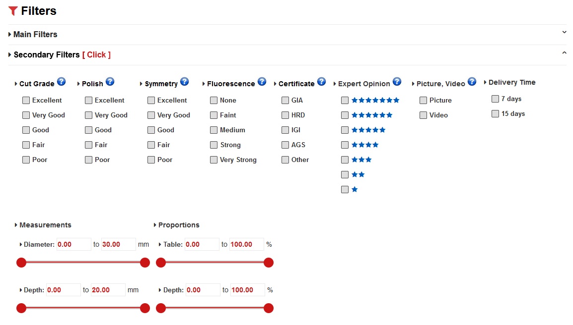 Loose diamond: Secondary Filters Loose diamond: Secondary Filters