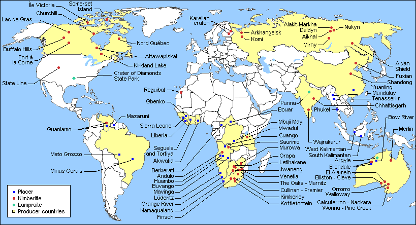 Diamonds Producers Countries Deposits Mines Map